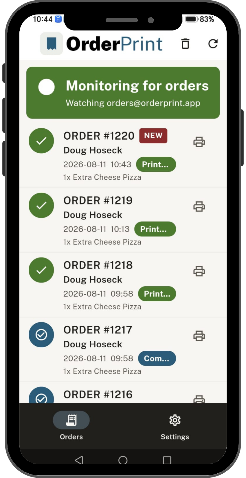 The OrderPrint orders list on an Android phone, showing recent orders marked as printed, new and completed