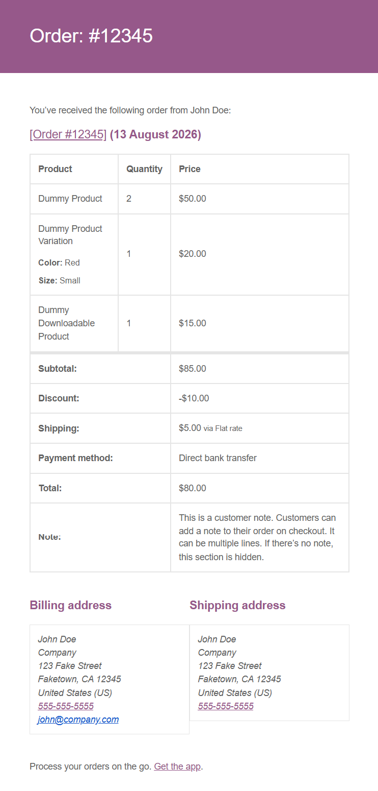 A WooCommerce New order email for order #12345, showing three products, totals and the billing and shipping addresses