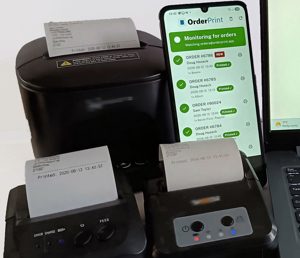 An Android phone running OrderPrint beside three thermal receipt printers, each with a printed order receipt, next to a laptop showing the order email