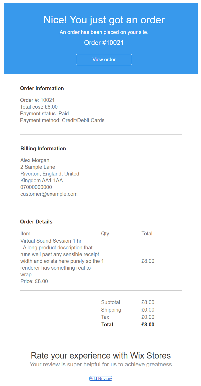 A Wix Stores new order email for order #10021, showing the item, the totals, the payment status and the customer's details